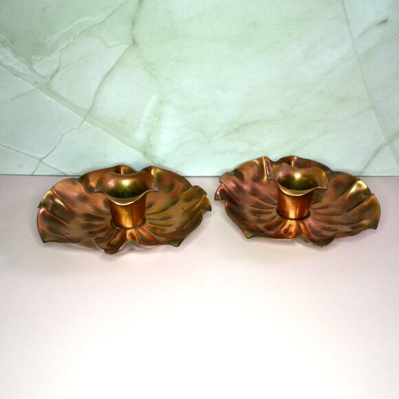 Gregorian Copper Other - Pair Of Gregorian Copper Candleholders Leaf Like Delicate Design Home Decor